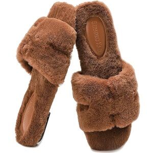 Stratton Kaze Faux Fur Teddy Slide Sandals Brown Cozy Slippers